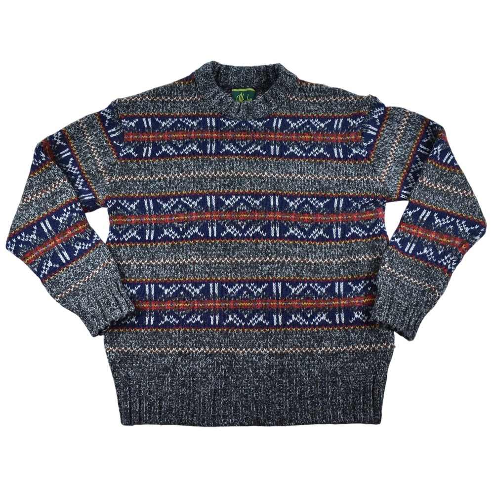 O'Hanlon Mills Mens Grey Fair Isle Knit Crewneck Sweater Small Pullover